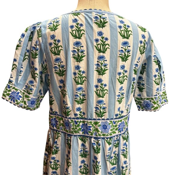 Pink City Prints Evelyn Dress Sky Lily Stripe Blue Floral Block Print Large - Picture 14 of 14